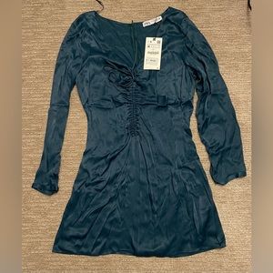 Zara Satin Effect Cut Out Dress in Duck Green - Size M